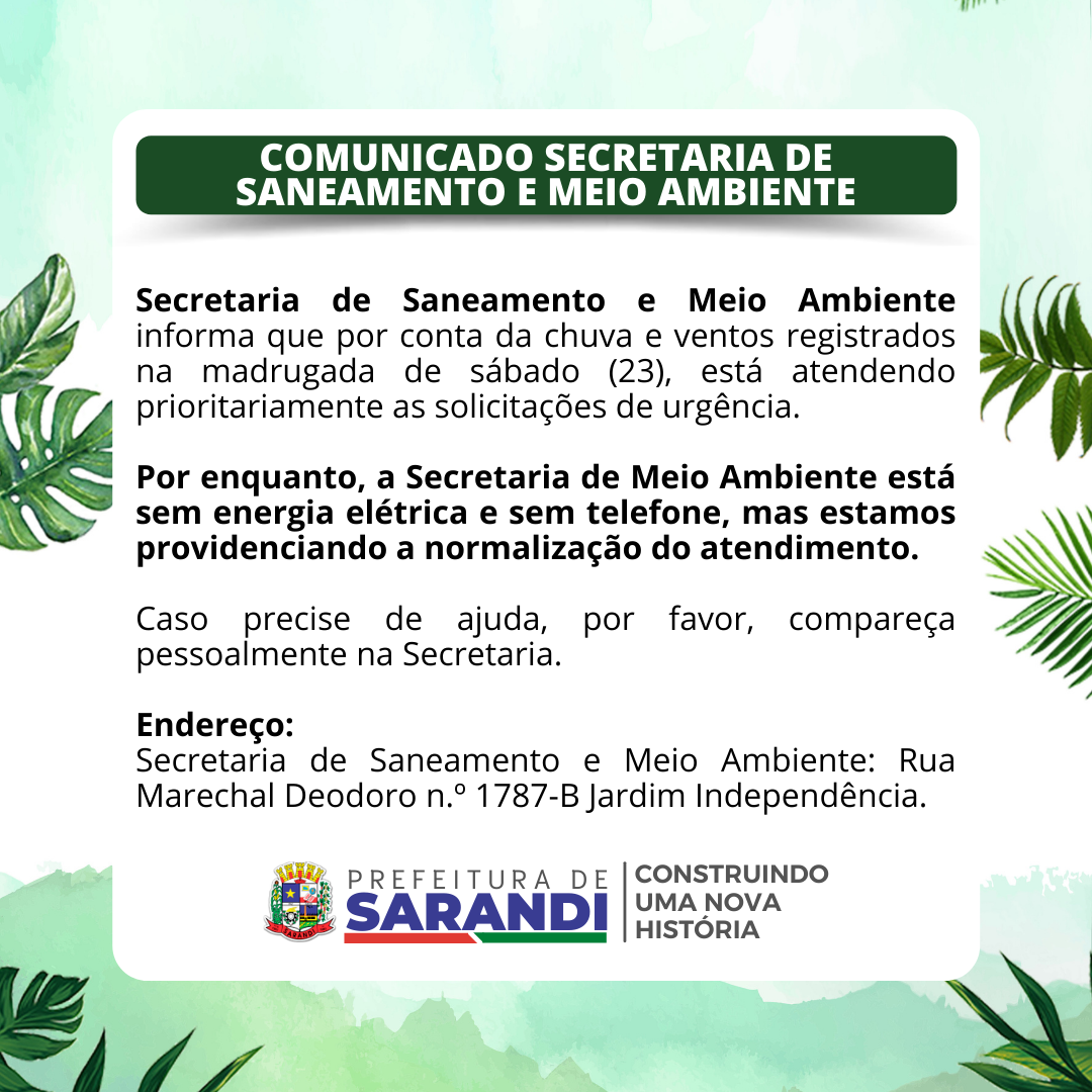 Comunicado Secretaria de Saneamento e Meio Ambiente
